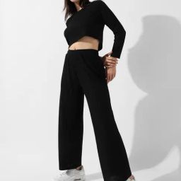 Campus Sutra Black Striped Crop Top Pant Set-46