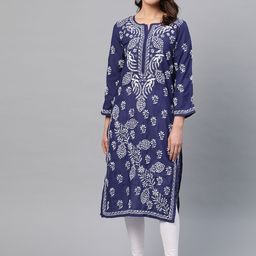 ADA Women Navy Blue & White Chikankari Embroidered Straight Sustainable Kurta-18