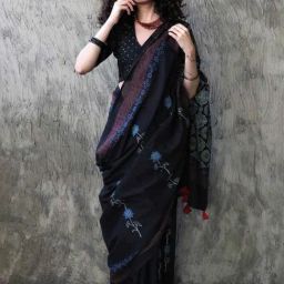 Chidiyaa Kohl Block Printed Cotton Mul Saree-10