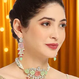 Anouk Women Pink & Mint Green Engraved Jaipur Stones & Kundan Jewellery Set With Ring-picture-27