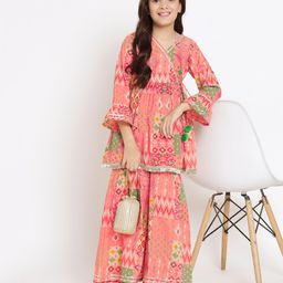 READIPRINT Three Fourth Sleeves Bandhej Printed Kurta And Sharara -Pink-picture-35
