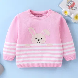 ToffyHouse 100% Flatknitted Cotton Full Sleeves Striped Pullover Bunny Design - Light Pink-picture-17