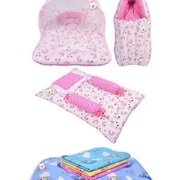 Toddylon Baby Bedding Combo Mattress with Net Sleeping Bag 4 Pcs Gaddi Set 4 Waterproof Sheets - Pink-8