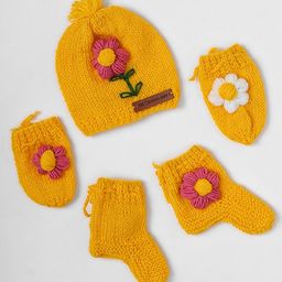 The Original Knit Marigold Embroidered Self Design Handmade Cap With Socks Mittens - Yellow-picture-17