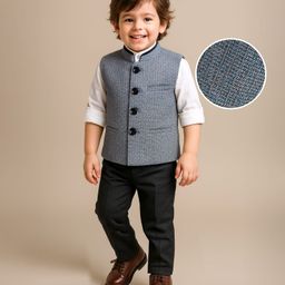 Robo Fry Jute Woven Full Sleeves Shirt & Trouser Set with Textured Jacket - Grey & White-picture-22