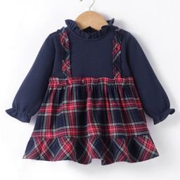 ToffyHouse Cotton Woven Full Sleeves Checkered Frock - Navy Blue & Red-picture-11