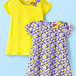 Babyhug Single Jersey Knit Half Sleeves Dresses With Floral Print & Bow Applique Pack of 2 - Neon Green & Navy Blue-image-69