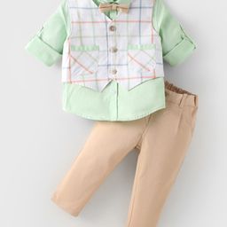 ToffyHouse Poplin Woven Full Sleeves Checkered 3 Piece Party Suit With Bow - Light Green-image-38