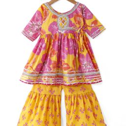 Ridokidz Full Sleeves FloralPrinted Lace Embellished Kurta With Salwar Kameez Set - Yellow & Pink-image-2