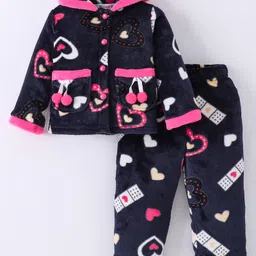 Kookie Kids Full Sleeves Front Open Winter Night Suit With Hearts Design - Navy-picture-0
