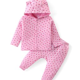 Babyhug Quilted Cotton Full Sleeves Hooded Top & Lounge Pants Co-Ord Set With Hearts Print - Pink-image-24