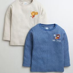 BUMZEE Pack Of 2 Full Sleeves Tiger & Bear Printed & Striped Thermal Tees - Beige & Indigo Blue-image-33