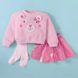 Little Kangaroos Fleece Woven Full Sleeves Winter Top & Skirt Set With Animal Applique & Stockings - Pink-picture-3