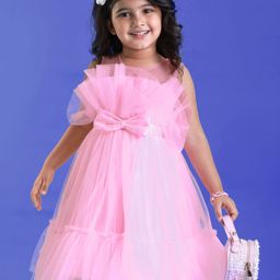 Babyhug Woven Sleeveless Party Mesh Dress With Frills & Bow Applique - Pink-image-24