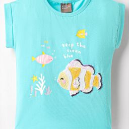 Little Kangaroos Cotton Knit Half Sleeves Top with Sea Life Print & Sequin Detailing - Aqua Blue-image-84