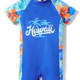 Babyhug Water Repellant Half Raglan Sleeves Legged Swimsuit with Beach Theme & Hawaii Typography Print - Navy Blue-image-26