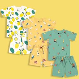 Orange Sugar 100% Cotton Knit Pack Of 3 Half Sleeves Lemon & Giraffe Printed Tees With Coordinating Shorts Set - Multi Colour-picture-47