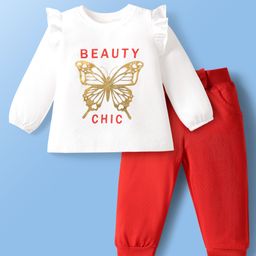 Doodle Poodle 100% Cotton Full Sleeve Butterfly Paris Theme Printed T-Shirt & Lounge Pant Set - Red & White-picture-22