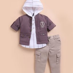 LITTLE COLLARS Cotton Blend Striped Hooded Tee & Full Sleeves Shacket With Pant Set - Lavender & White-image-3