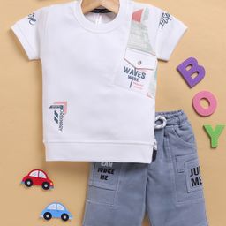 TOONYPORT Cotton Half Sleeves Waves Wide Text Printed Tee & Shorts Set - White & Blue-image-40