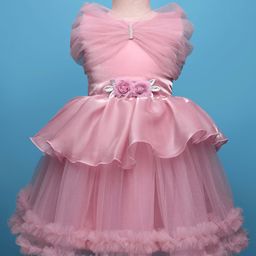 Bluebell Net Woven Sleeveless Party Frock With Floral Corsage - Pink-picture-15