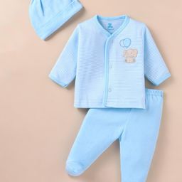 I Bears Interlock Knit Full Sleeves Stripes Night Suit With Cap & Elephant Patch - Light Blue-3
