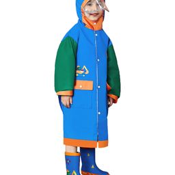Little Surprise Box PVC Full Raglan Sleeves Construction Vehicles Printed Hooded Cap Style Raincoat With Extra Backpack Space - Green-image-72