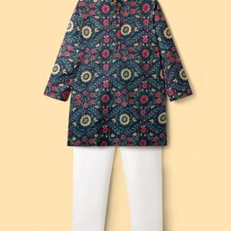 Pine Kids Cotton Woven Full Sleeves Kurta Pajama Set with Floral Print - Navy Blue-picture-34