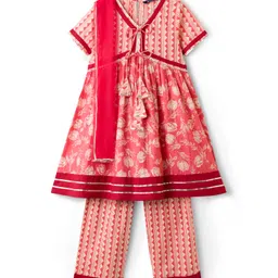 Pine Kids Cotton Woven Half Sleeves Kurta Churidar & Dupata Set With Floral Print - Coral-picture-8