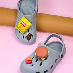 Yellow Bee Solid Perforated Slingback Clogs With Fast Food Charms - Grey-picture-2