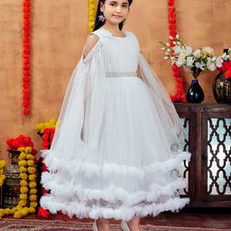 Aarika Net Woven Sleeveless Beads Embellished Ruffles Detailed Layered Gown - White image 4