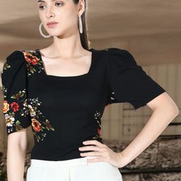 IUGA Floral Print Square Neck Puff Sleeve Top-image-69