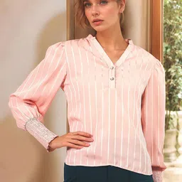RARE Women Vertical Striped Mandarin Collar Puff Sleeve Regular Top-image-98