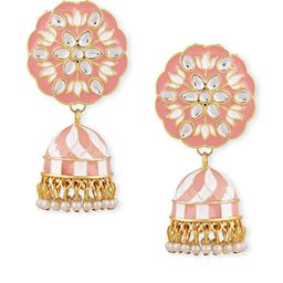 Manuvi Jewels Women Brass Peach & White Stone Studded Circular Jhumka Earrings-11