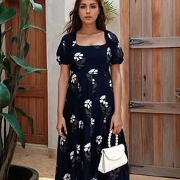 Stylecast X Hersheinbox Floral Printed Square Neck Puff Sleeve A-Line Midi Dress-image-42