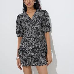 Bombay Paisley by Westside Black Geometric Printed Cotton Tiered Dress-image-3