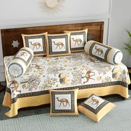 Myntra Elegant Homes 8 Pieces Yellow & White Ethnic-Printed Cotton Diwan Set-28