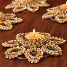 Aapno Rajasthan Gold Toned 2 Pieces Peacock Embellished Metal Diyas With Tea Light Candles-image-16