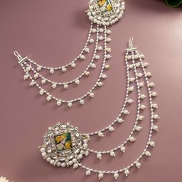 Anouk Gold-Plated Artificial Stones Studded And Pearls Beaded Circular Studs & Ear Chain-image-45