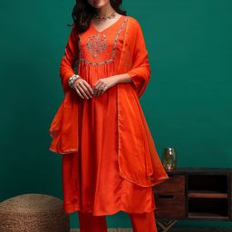 Sangria Women Floral Embroidered Kurta with Trousers & Dupatta-image-70