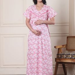 Secret Wish Printed Pure Cotton Maternity Maxi Nightdress-image-85