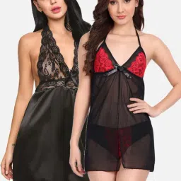FIMS: Fashion is my Style Red & Black Lace Work Babydoll With Thong-image-95