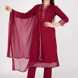 rf clothes Ethnic Motifs Printed Mandarin Collar Straight Kurta With Trousers & Dupatta-image-27