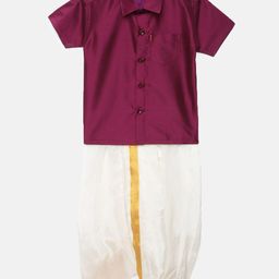 Thangamagan Boys Dark Pink Solid Panjagajam & Shirt Set-12