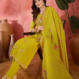 Sangria Floral Embroidered V-Neck Thread Work Straight Kurta & Trousers With Dupatta-picture-58
