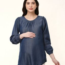 Bella Mama Three Fourth Sleeves Maternity Denim Top with Insert Lace Detailing - Blue-image-2