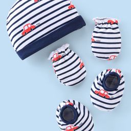 Babyhug 100% Cotton Interlock Knit Cap Mittens And Booties Stripes & Car Print - Navy Blue-image-53