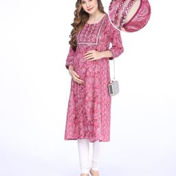 Bella Mama Three Fourth Sleeves Embroidered Yoke Maternity Kurta Floral Print - Wine-image-78