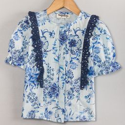 Hugsntugs Half Sleeves Floral Printed & Lace Detailed Top - Blue & White-image-100