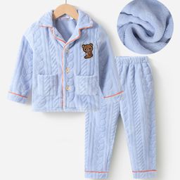 Kookie Kids Full Sleeves Soild Color Winter Night Suit with Pockets & Bear Patch  - Blue-image-89